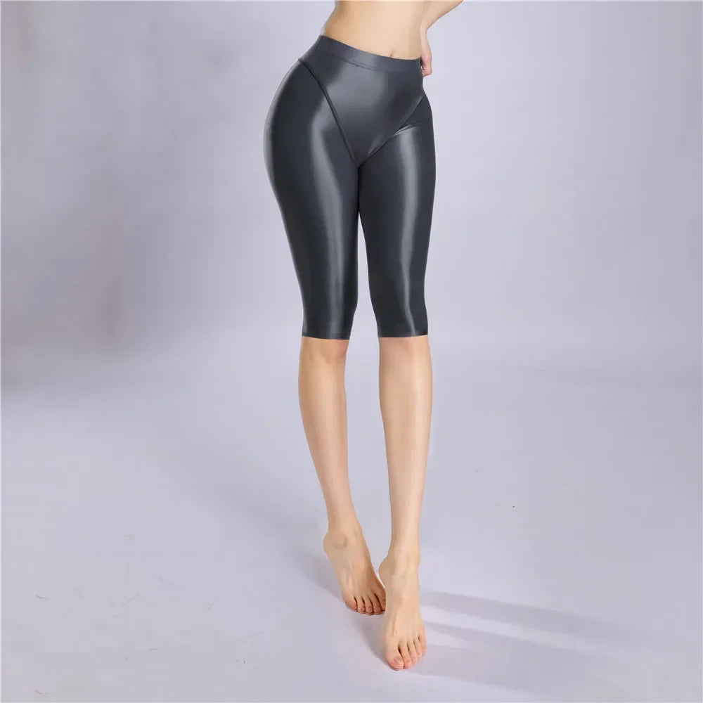 Women Shaping Short Stain Smooth Oil Glossy Shiny Elastic Shorts Sheer See Through Casual Plus Size Tight Yoga Short Maid Pant