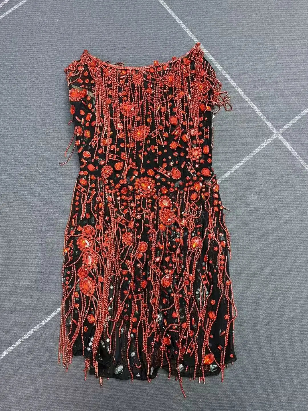 Red Crystal Chains Rhinestones Transparent Dress Women Party Show Gown Singer Performance Stage Wear