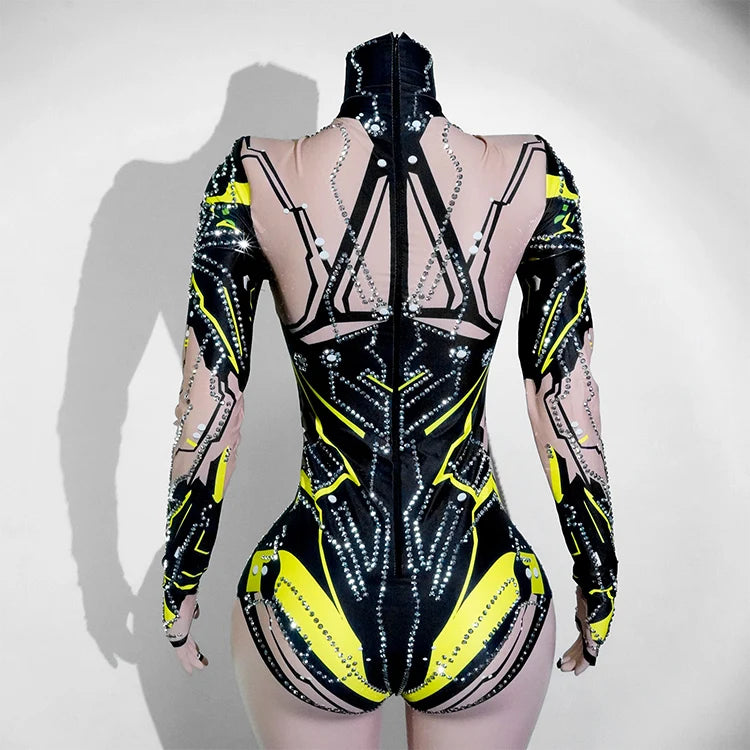 Futuristic Cyber Armor Rhinestone Bodysuit Mock Neck Sleeveless Stage Dance Costume