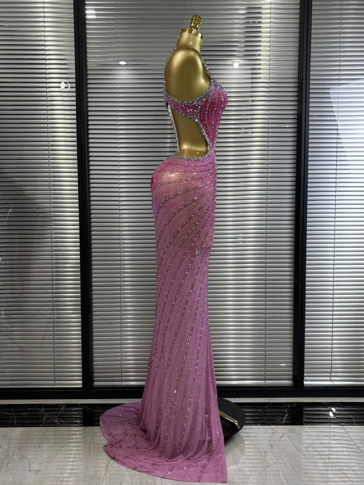 Pink Sleeveless V-Neck Rhinestone Bodycon Floor-Length Showgirl Stage Performance Dress