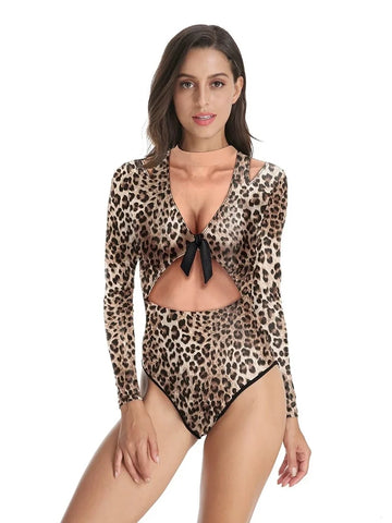 Animal Print Long Sleeve Cutout Bodysuit Sexy Stage Dance & Festival Wear