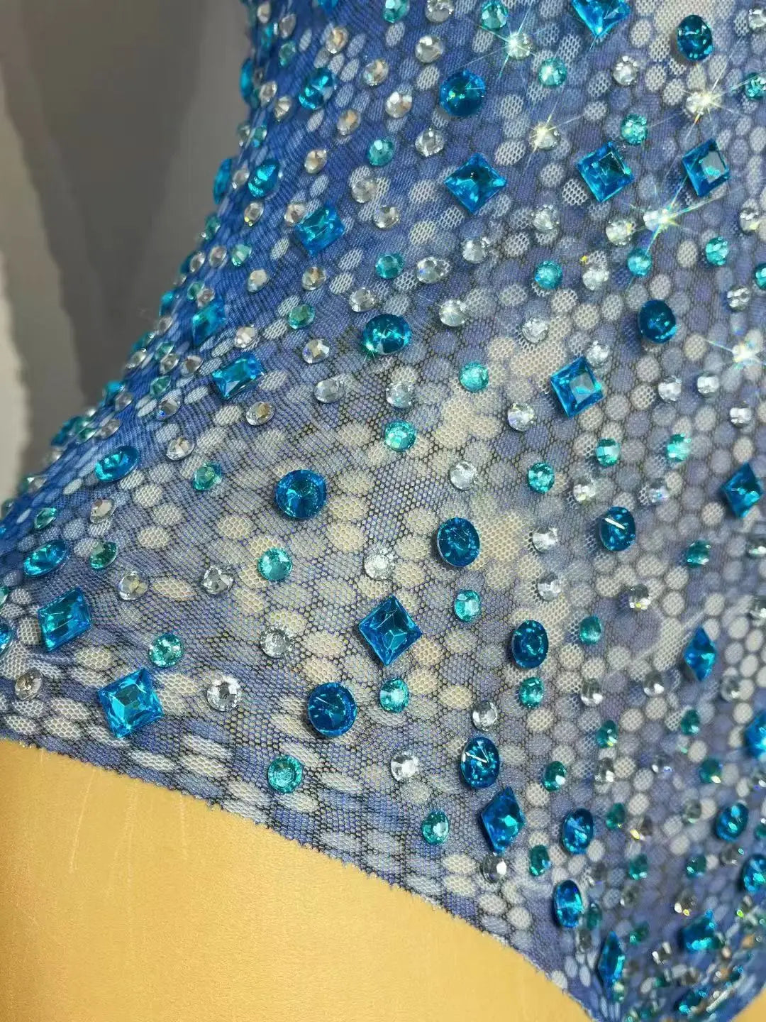 Blue Rhinestones Halter Off-Shoulder Deep V-Neck Mesh Leotard
