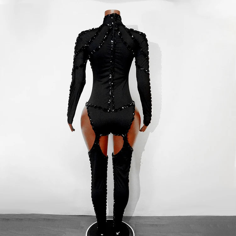Rhinestone Mesh Jumpsuit Costume Set