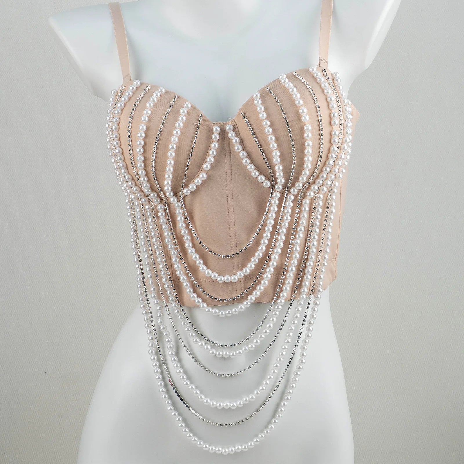 Pearl & Diamond Embroidery Chain Bustier Corset Crop Top Stage Party Bralette