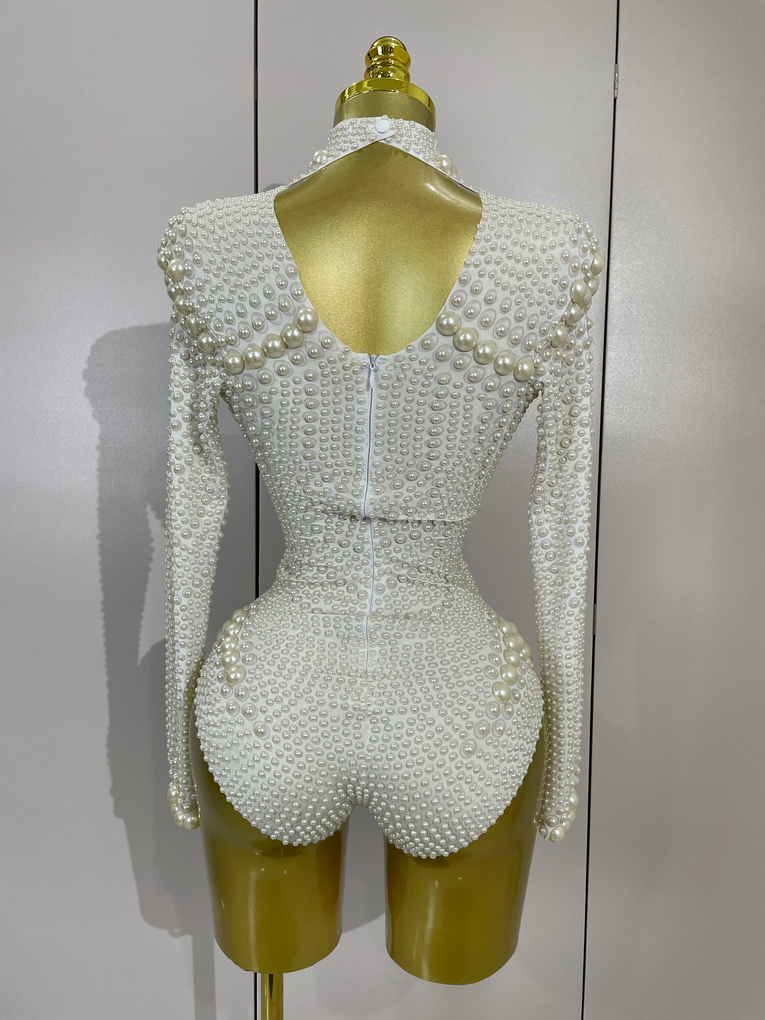 Luxury Full Pearl Long-Sleeved Stage Bodysuit Leotard Evening Performance Costume