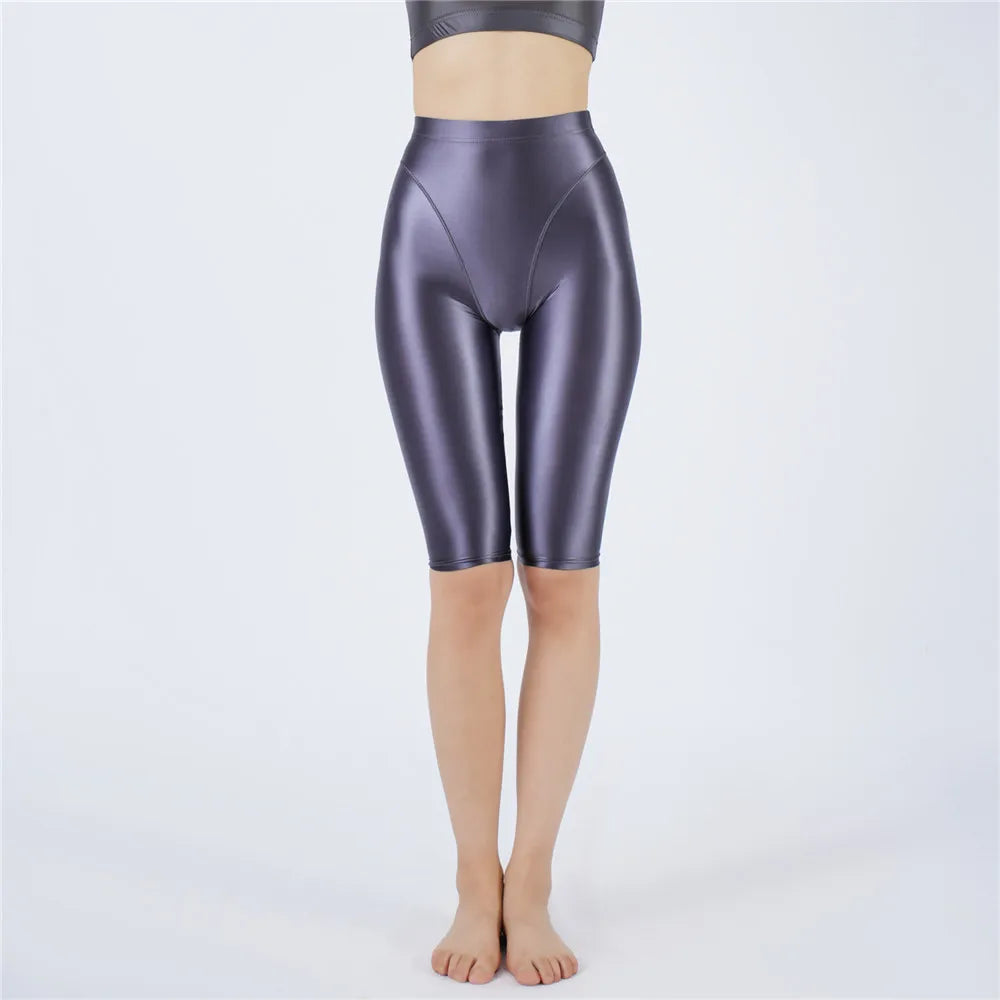 Oil Glossy High-Stretch Knee-Length Shorts Satin Shine Performance Biker Shorts