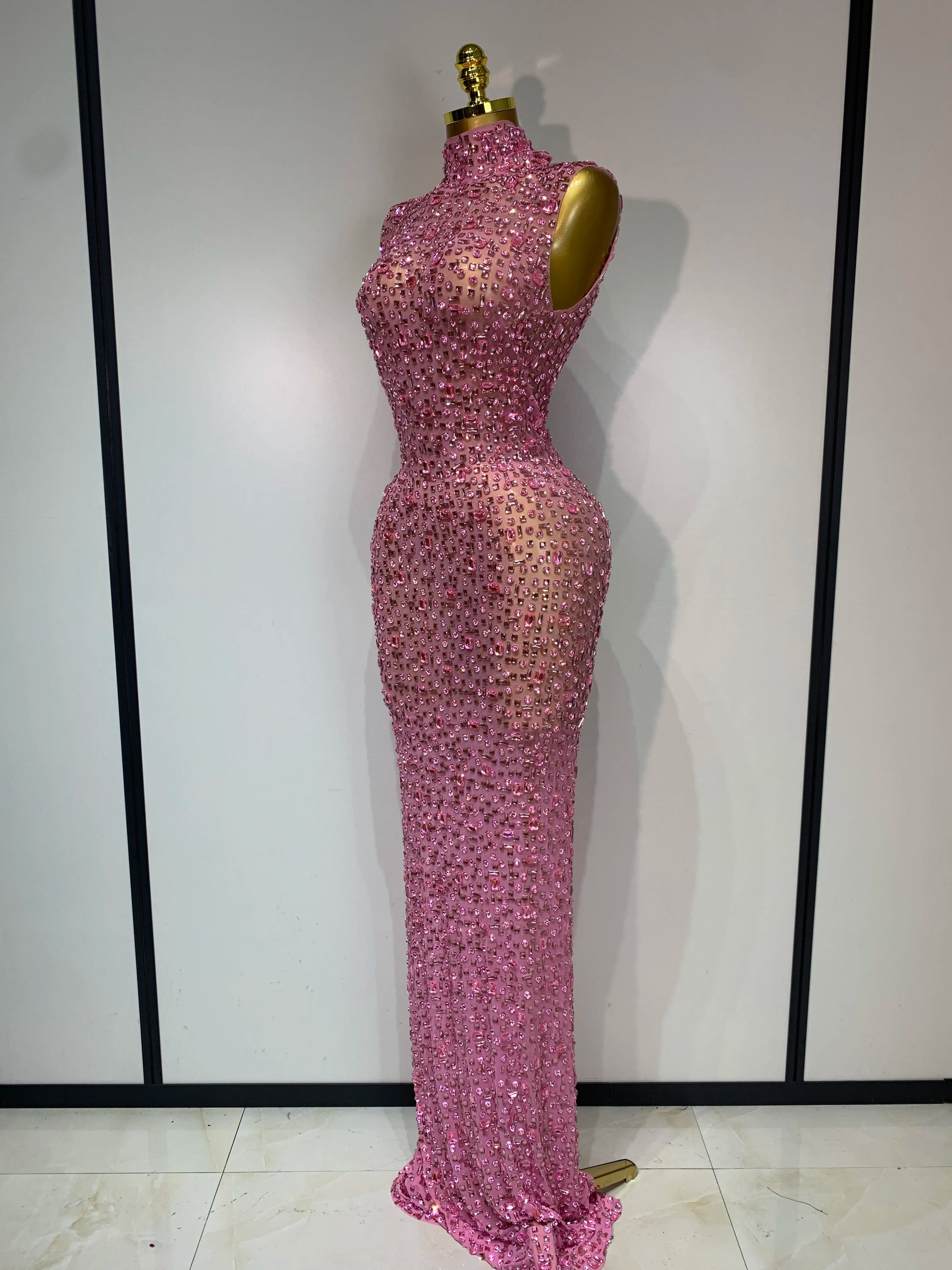 Sparkly Rhinestone Sleeveless Maxi Long Dress See-Through Sheer Mesh Stage Outfit