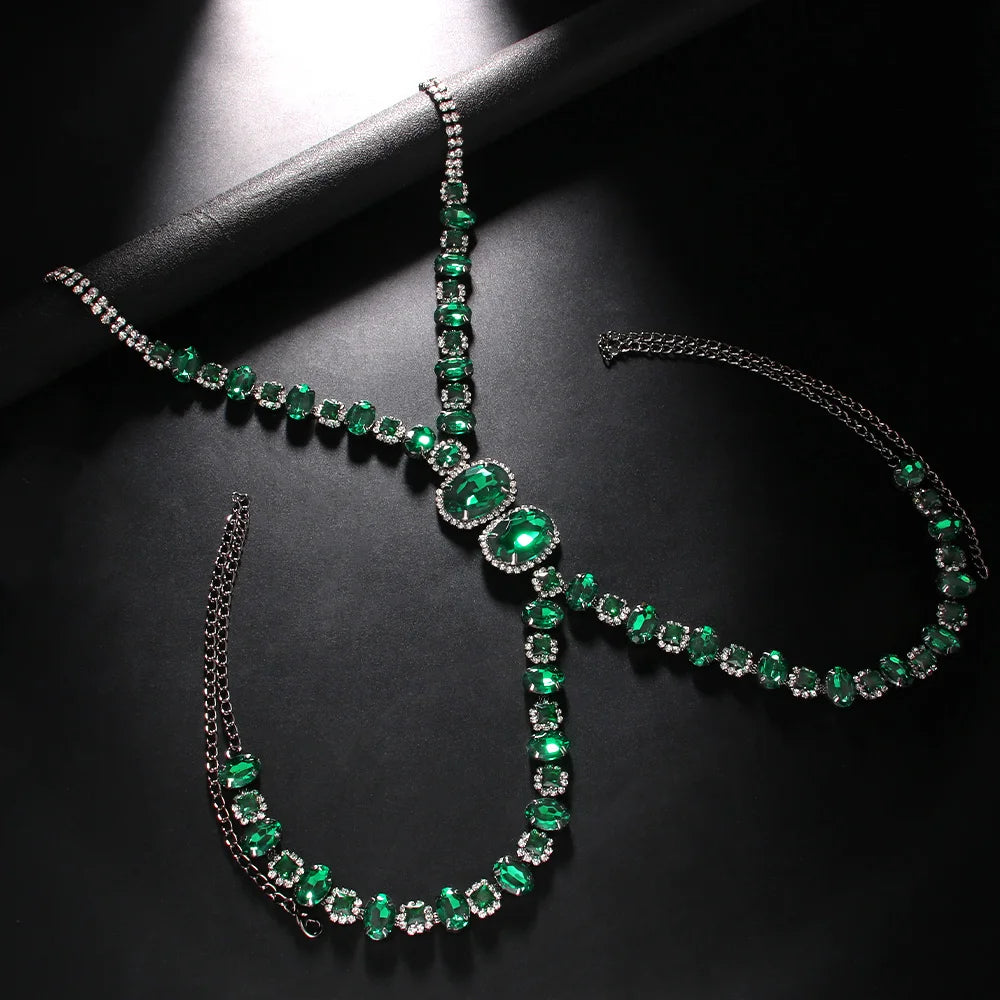 Men's Green Crystal Rhinestone Body Chain Harness Punk Stage Cross Chest Collar