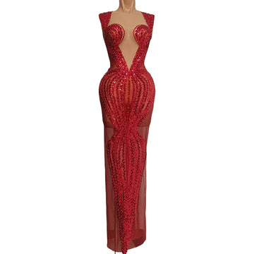 Sparkly Red Rhinestone & Sequin Sleeveless Sheer Mini/Long Dress Stage Costume