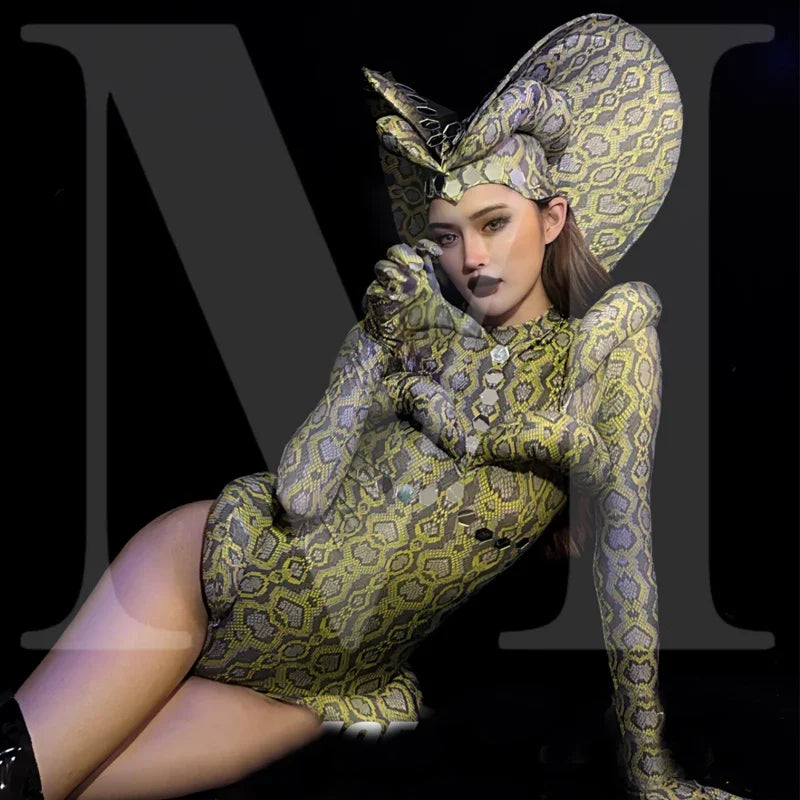 Cobra Serpent Rhinestone Bodysuit & Sculpted Cobra Hood Headdress Stage Costume Set
