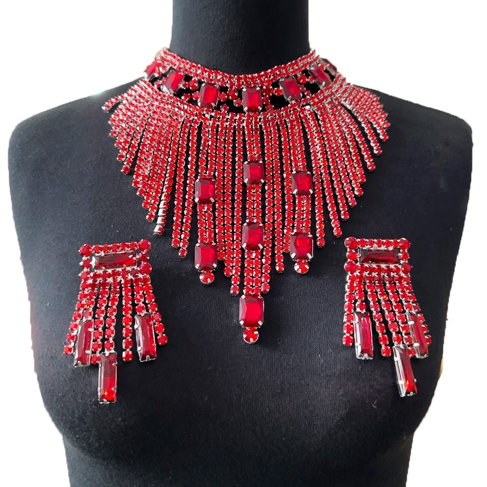 Rhinestone Tassel Earring & Necklace Jewelry Set