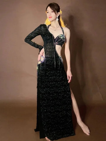 Luxury Custom Baladi & Shaabi Hair Swing Belly Dance Robe & Bra Outfit Set