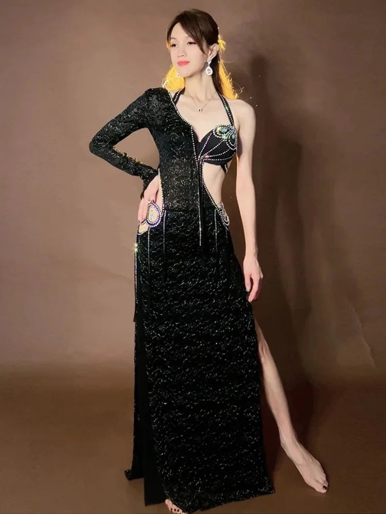 Luxury Custom Baladi & Shaabi Hair Swing Belly Dance Robe & Bra Outfit Set