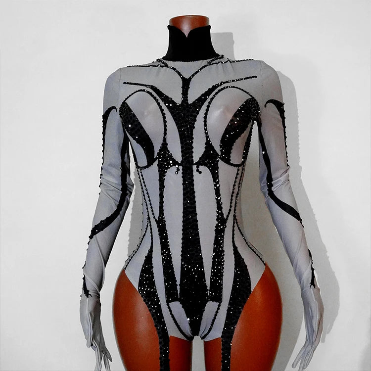 Rhinestone Mesh Jumpsuit Costume Set