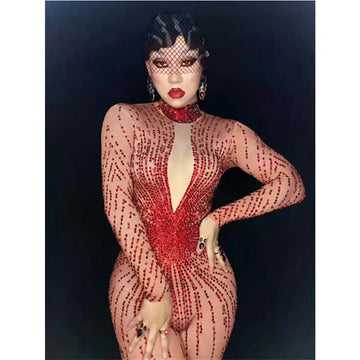 Crimson Red Rhinestone Catsuit Long Sleeve Illusion Stage Performance Jumpsuit