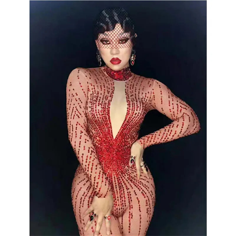 Crimson Red Rhinestone Catsuit Long Sleeve Illusion Stage Performance Jumpsuit