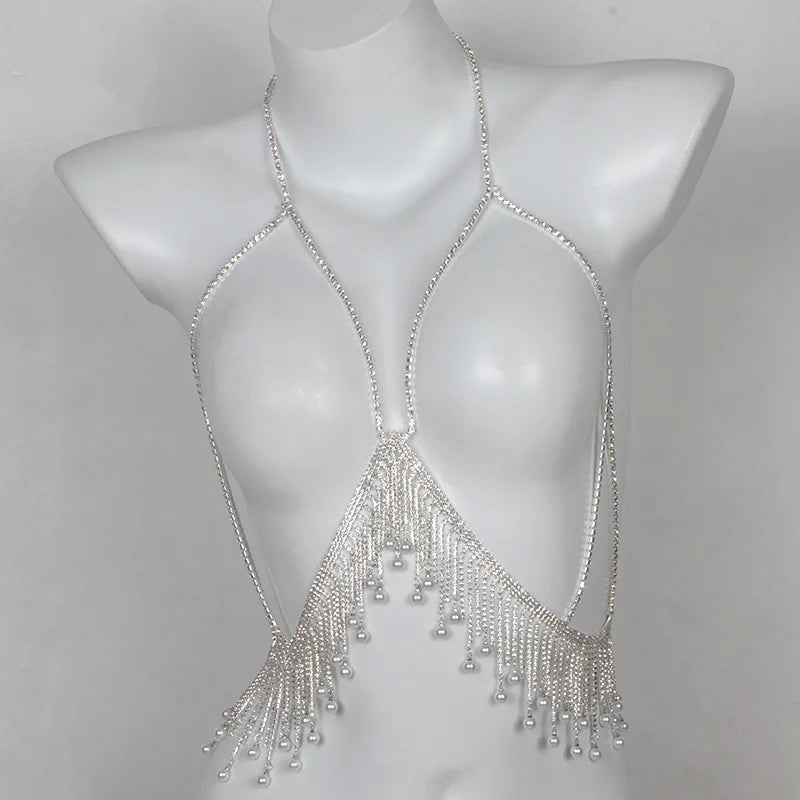 Halter Rhinestone Tassel Bra Body Chain