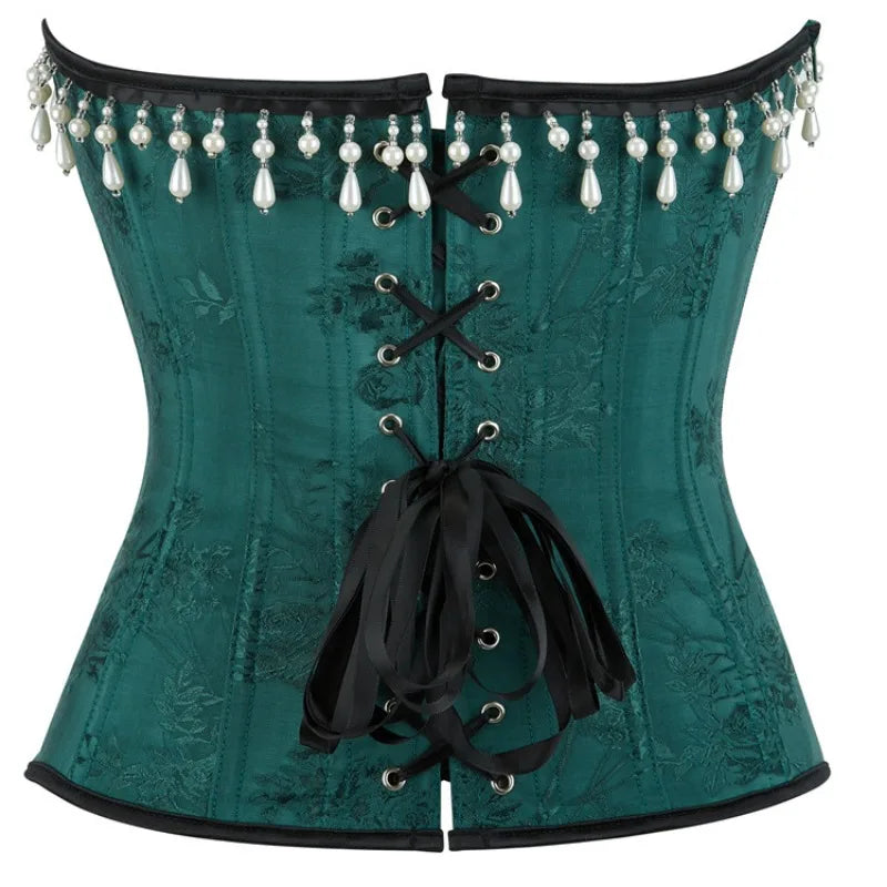 Green Floral Jacquard Overbust Corset Pearl Tassel Trim Bustier Top
