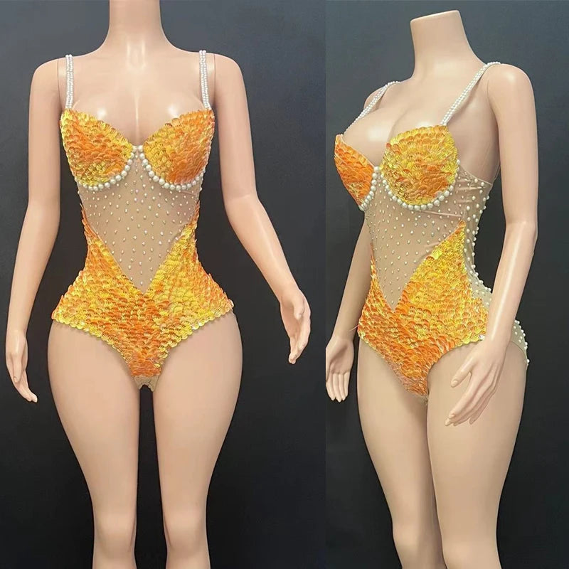 Orange Sequin & Pearl Performance Bodysuit