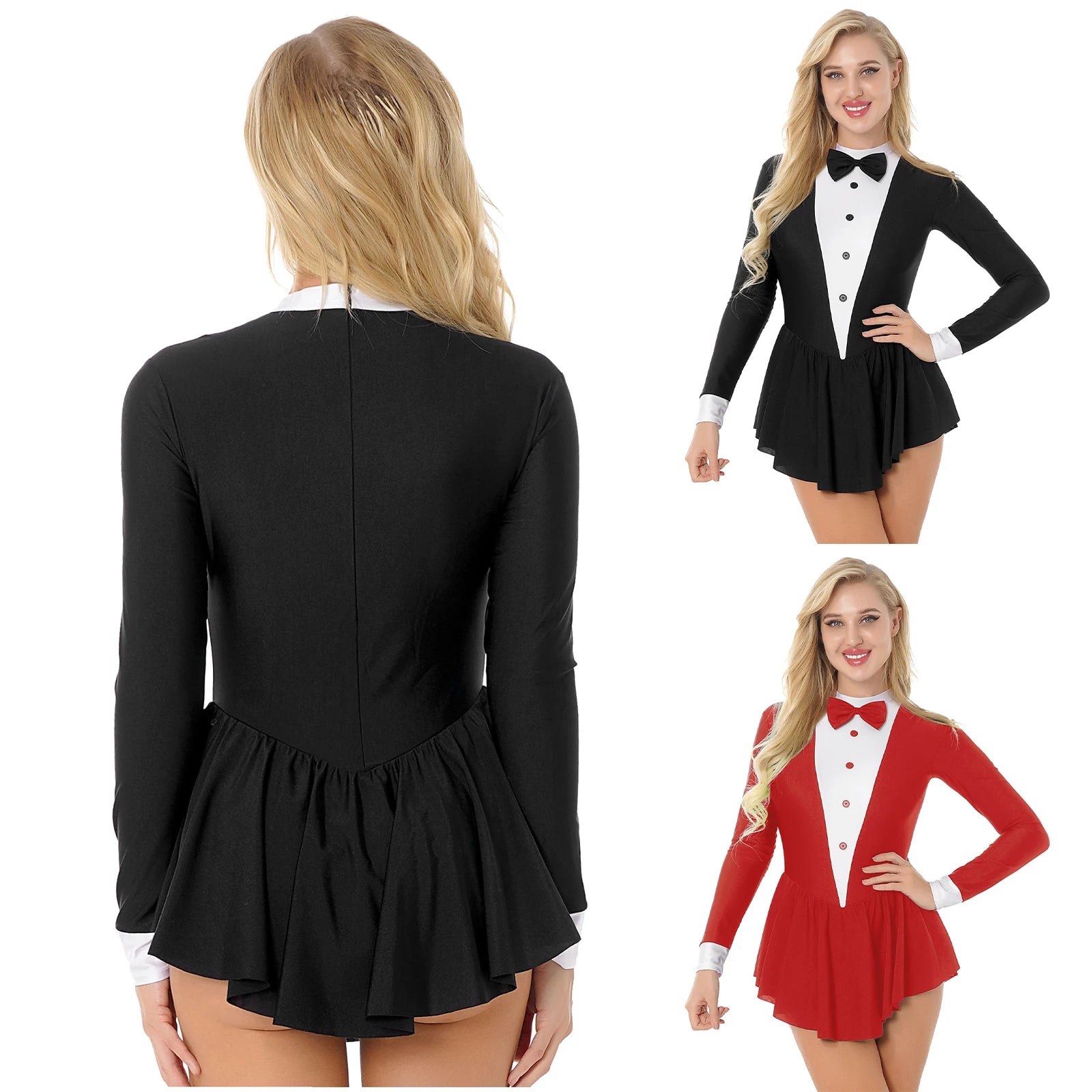 Tuxedo Bowknot Long Sleeve Ruffle Leotard Dress Magician Costume