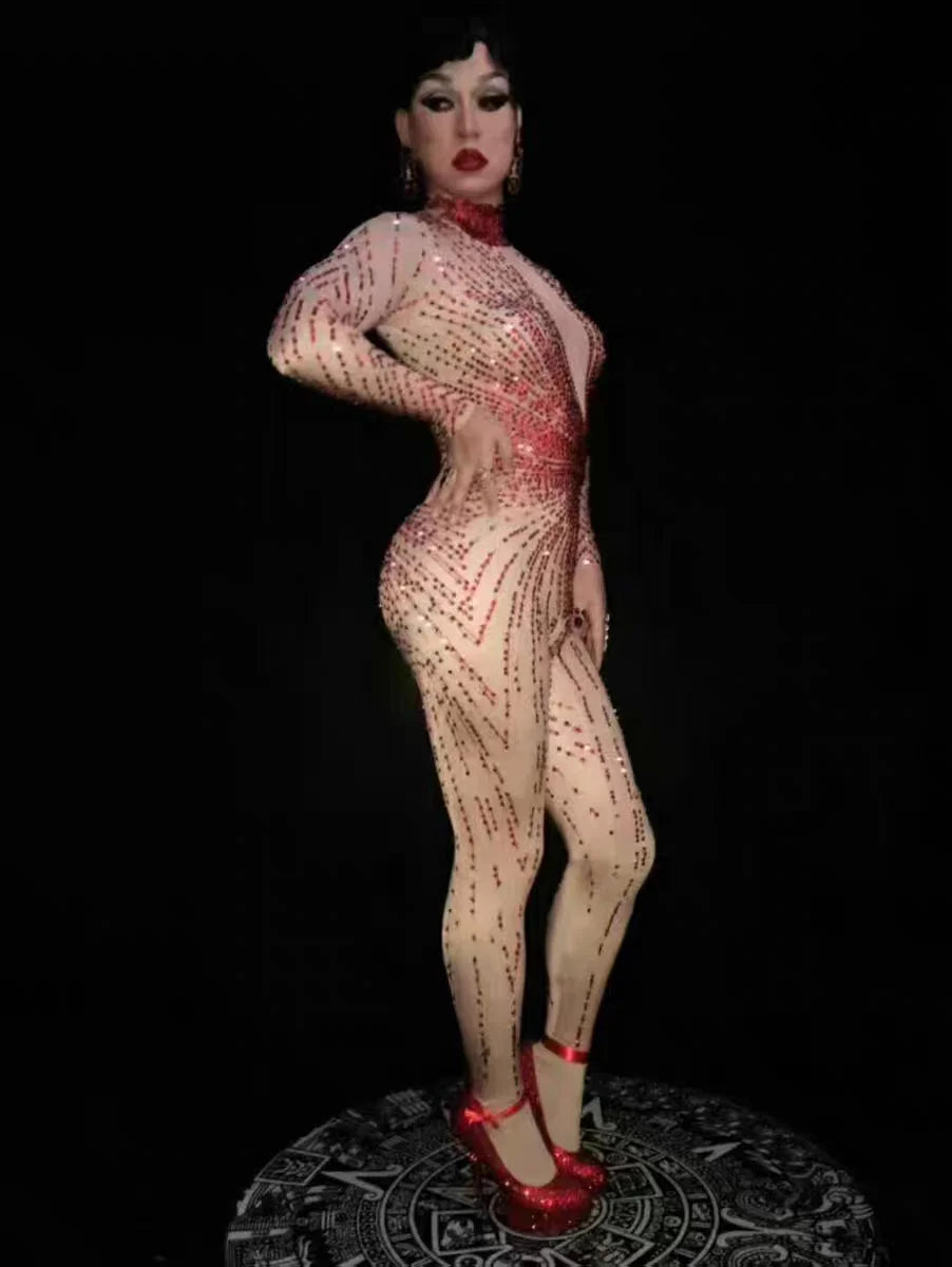 Crimson Red Rhinestone Catsuit Long Sleeve Illusion Stage Performance Jumpsuit