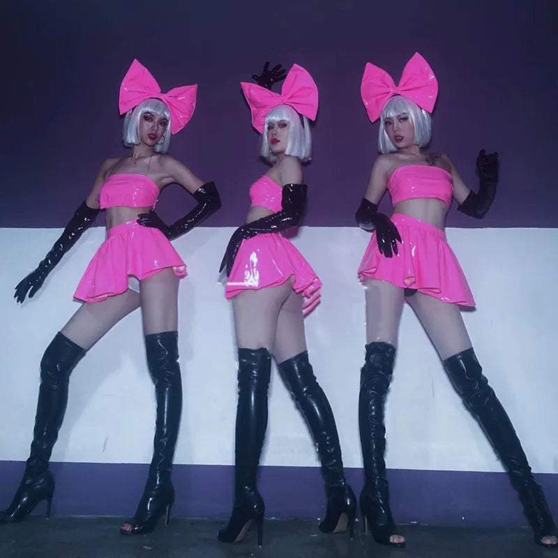 Patent Leather Bow Bralette, Pleated Mini Skirt & Headband 3-Piece Stage Dance Costume Set