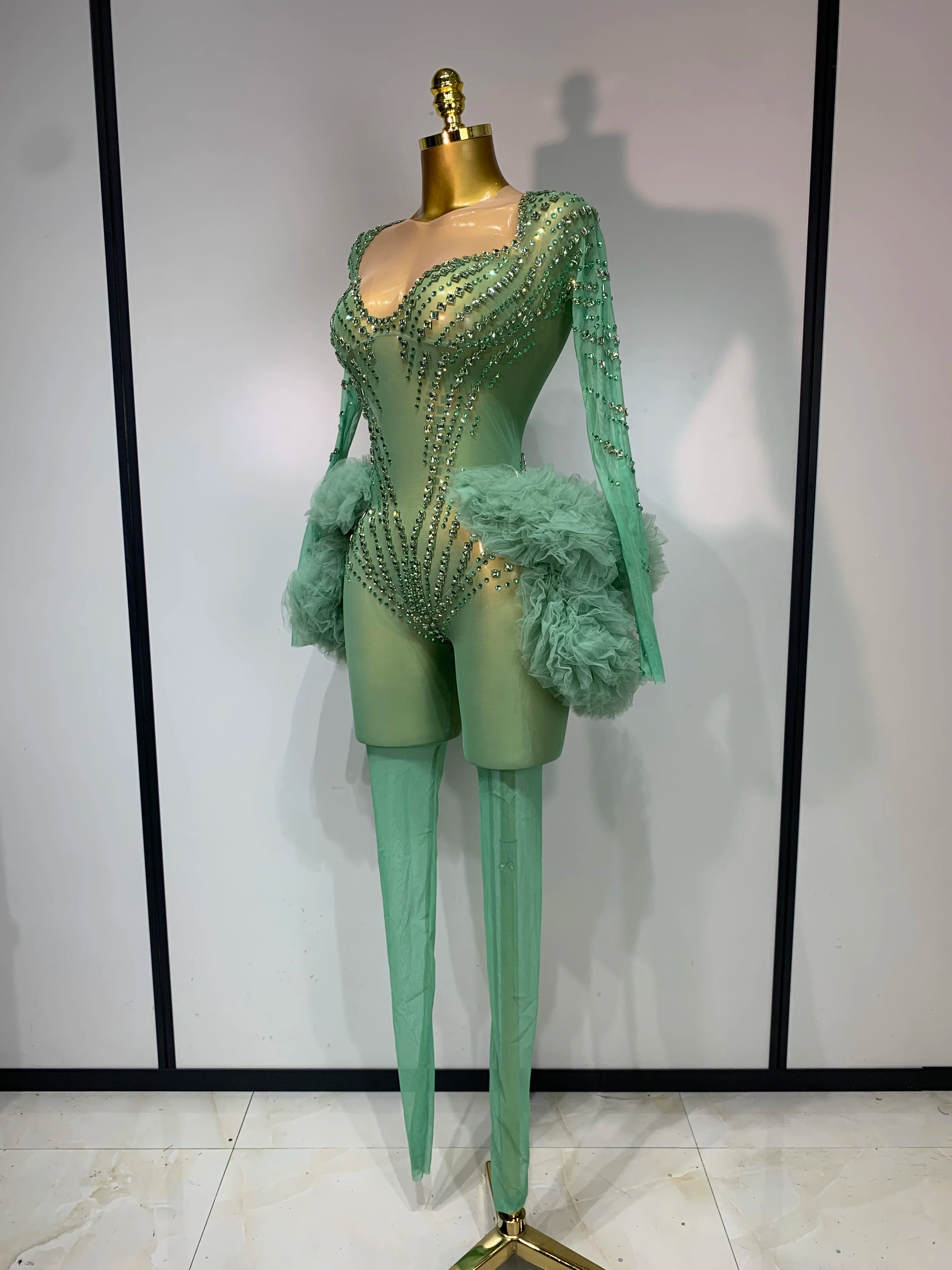 Luxury Green Diamonds Mesh See-Through Long Sleeve Jumpsuit Stage Performance Costume