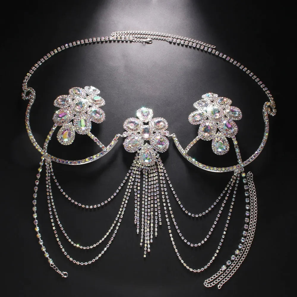 Colorful Rhinestone Flower Bra Chain Top