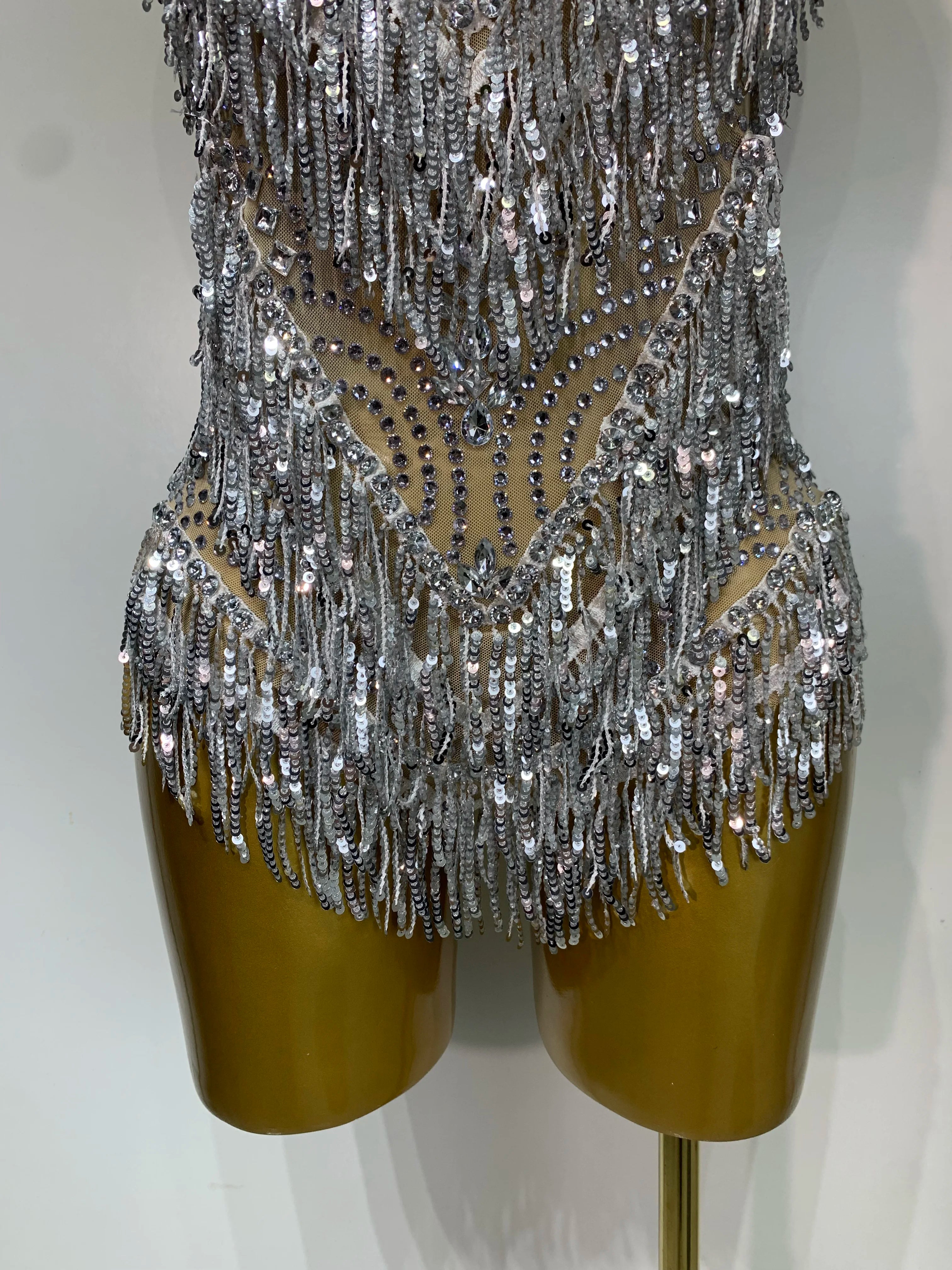 Sparkly Rhinestone Tassel Backless Mesh Bodysuit Luxury Stage Performance Costume