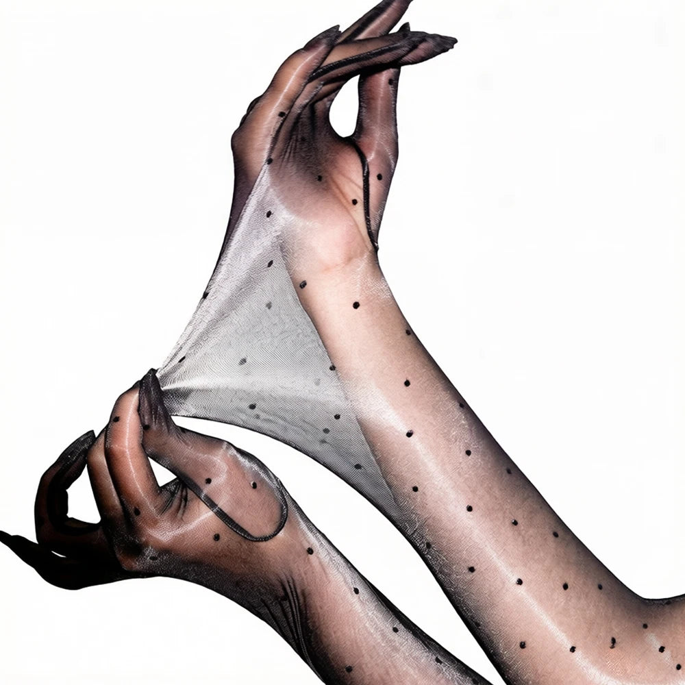 Sexy Women 1D Dot Ultra Thin Five Finger Long Glove Oil Shiny Glossy Sun Protection Glove Elastic Party Wedding Luxury Glove