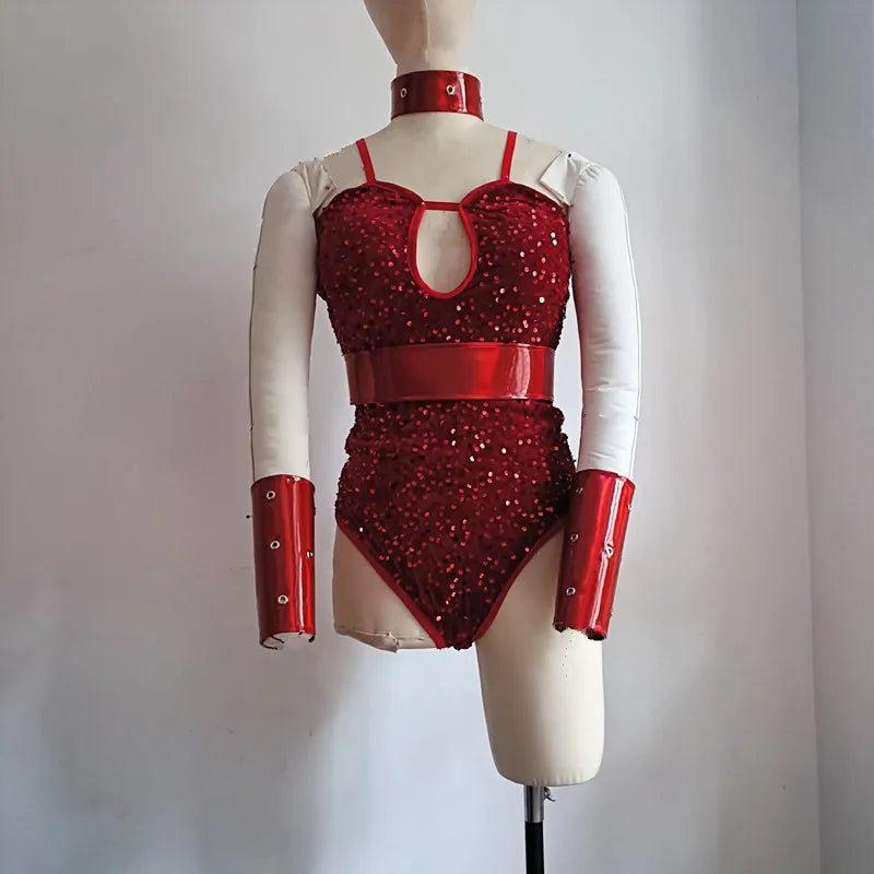 Red Sequins Bodysuit Leather Cuff Set