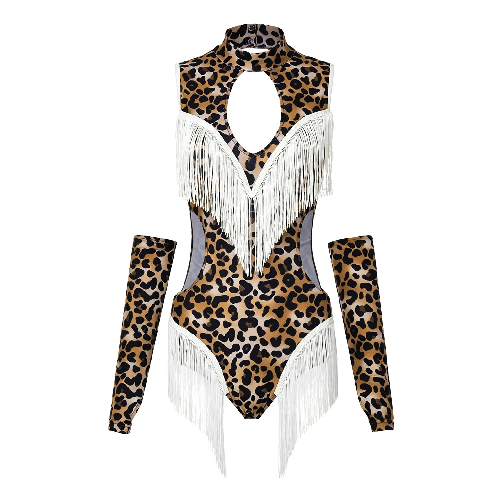 Leopard Cutout Bodysuit & Fringe Sleeves 2-Piece Latin Ballroom Stage Costume Set