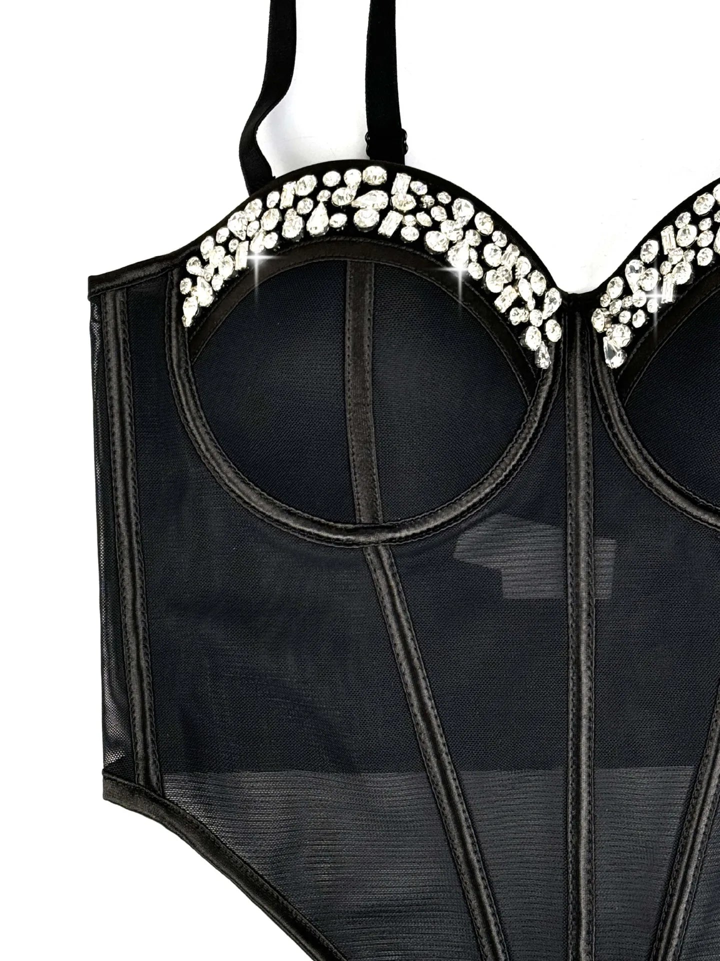Diamond Embroidered Bustier Corset Crop Top Asymmetric Stage Bralette