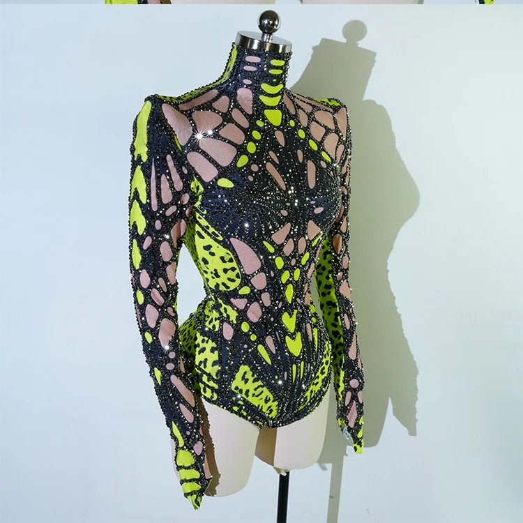 Futuristic Cyber Armor Rhinestone Bodysuit Mock Neck Sleeveless Stage Dance Costume