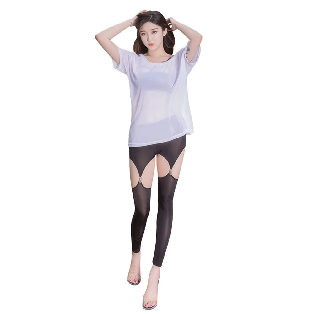 Sexy Hollow Out Buckle Shaper Tight Pencil Pants Elastic Low Waist Pants Streetwear See Through Oil Shiny Leggings With Garter B