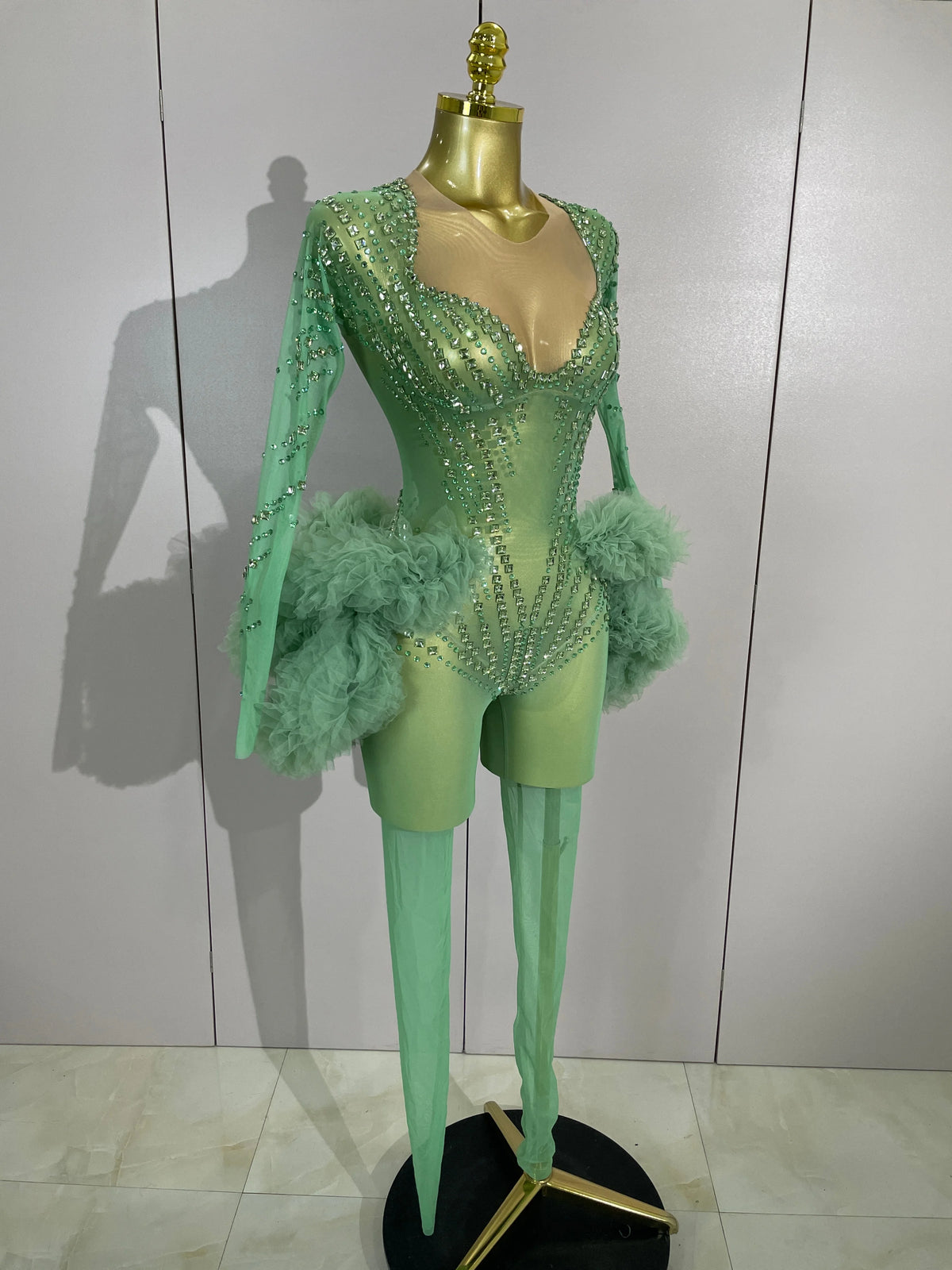 Green Rhinestone Mesh Performance Jumpsuit