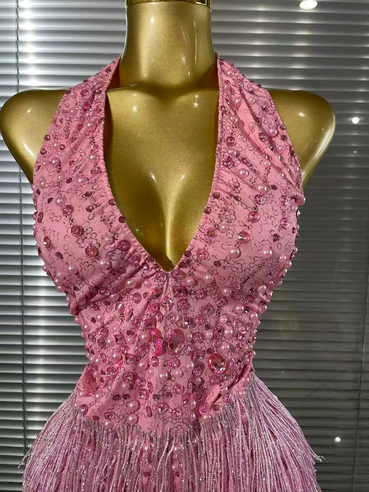 Vintage-Inspired Beaded Tassel Bodysuit Performance Costume