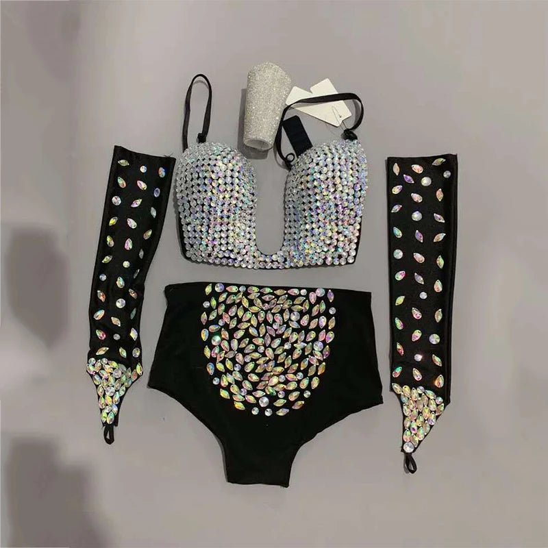 Multicolor Rhinestone Bra, Shorts & Gloves Dance Costume Set