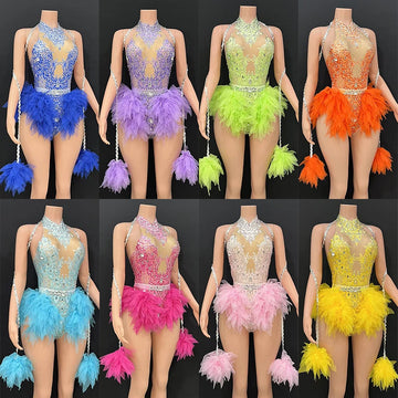 Rhinestone Feather Embellished Bodysuit & Showgirl Stage Dance Costume