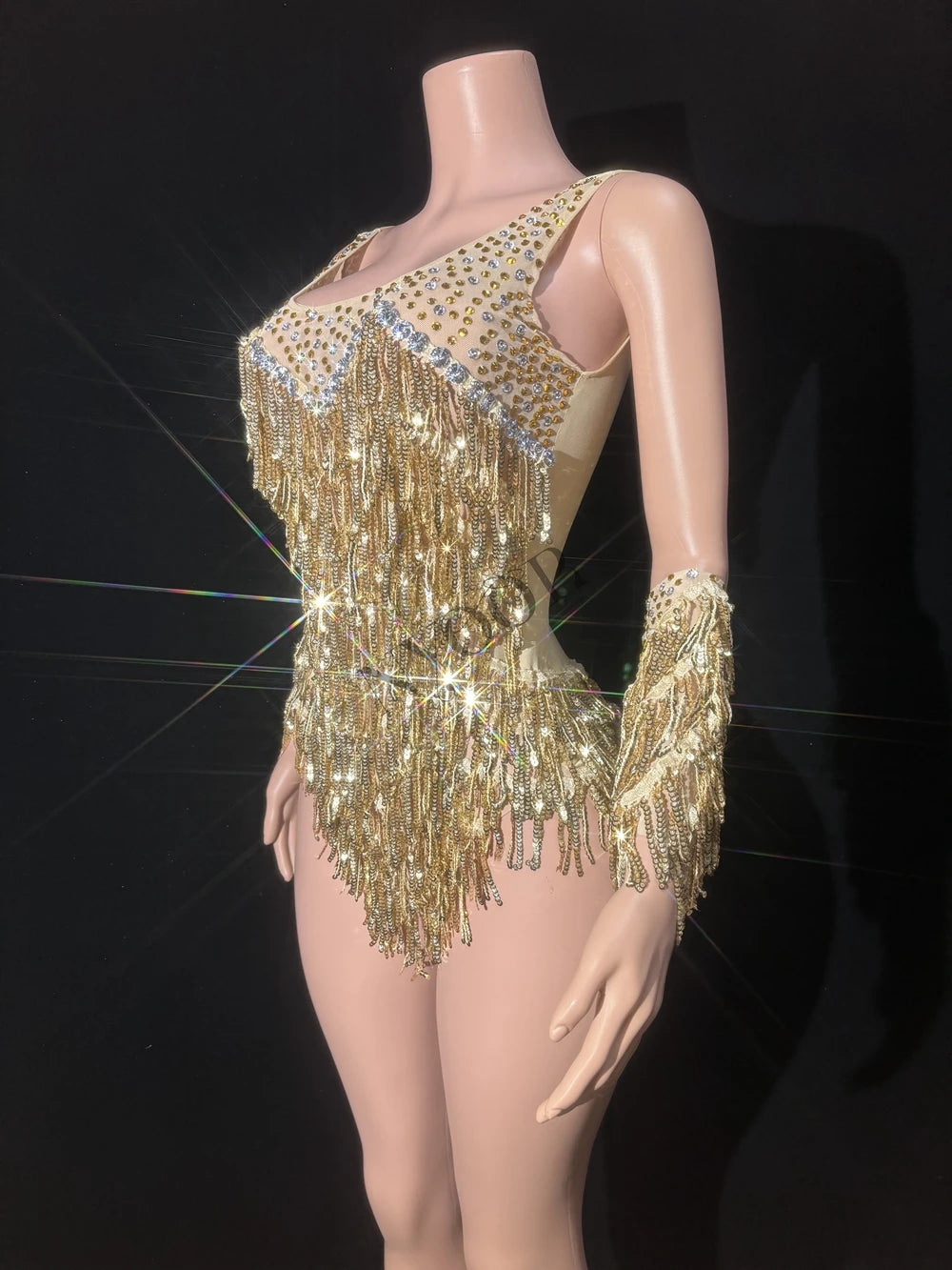 Gold Sparkly Rhinestone, Sequin & Tassel Bodysuit Stage Performance Costume