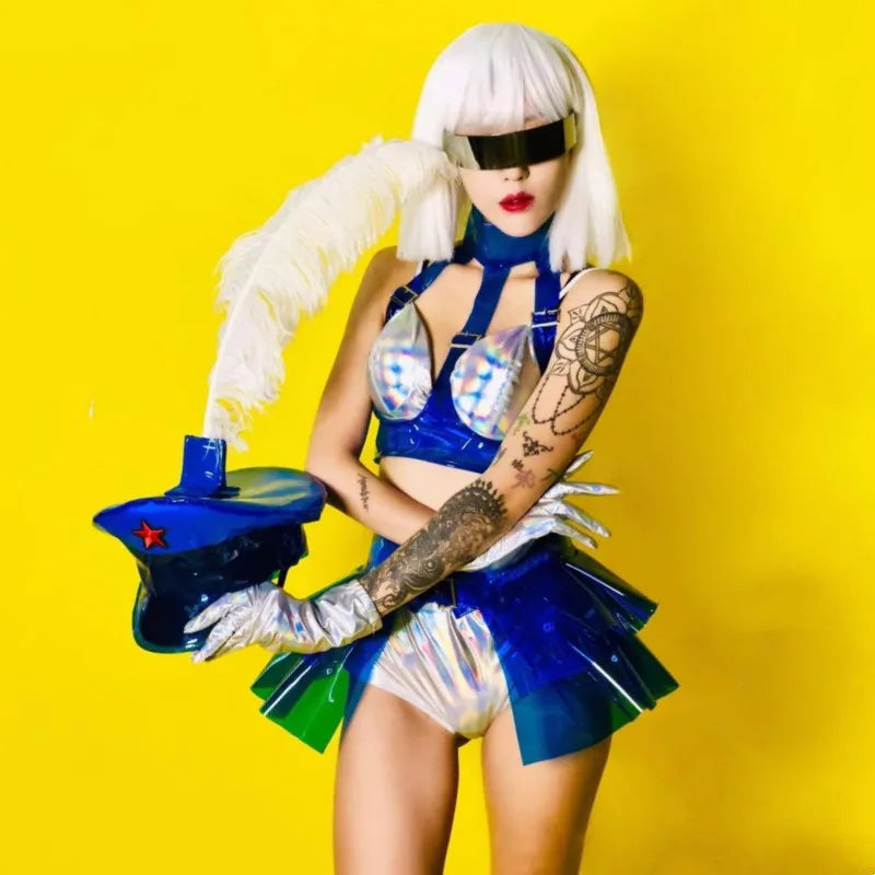 Holographic Silver Laser Bikini, Ruffle Skirt & Captain Hat 3-Piece Stage Costume Set