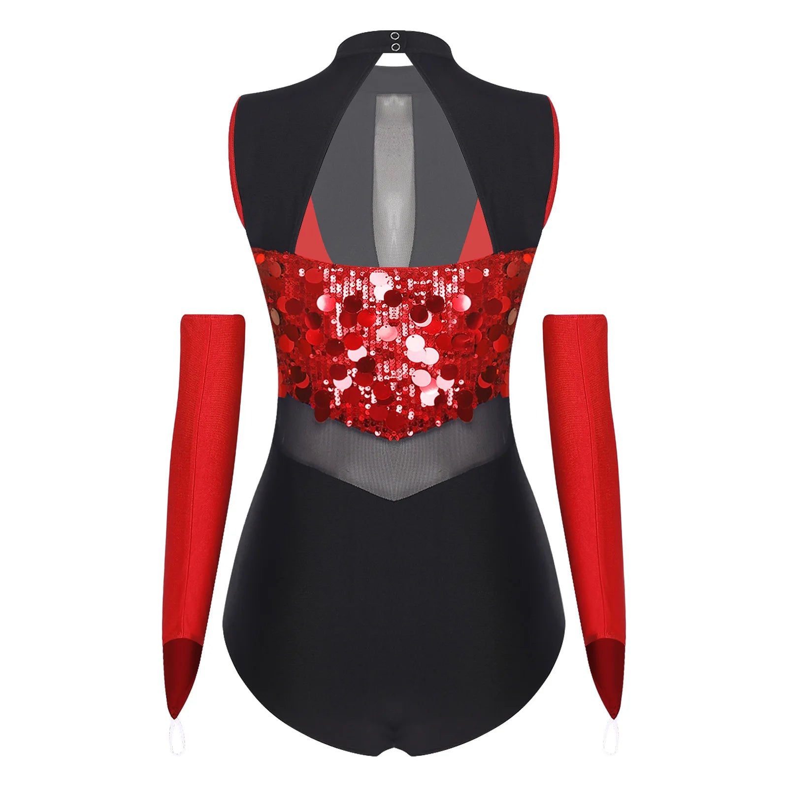 Sparkly Sequin Mock Neck Dance Leotard & Gloves Two-Piece Bodysuit Set