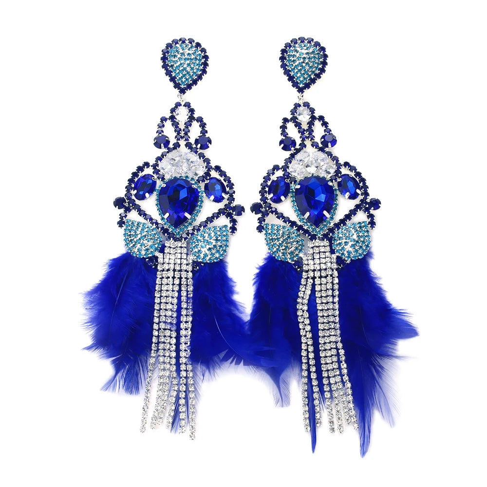 Sparkly Royal Blue Feather Rhinestone Tassel Dangle Earrings Stage Jewelry