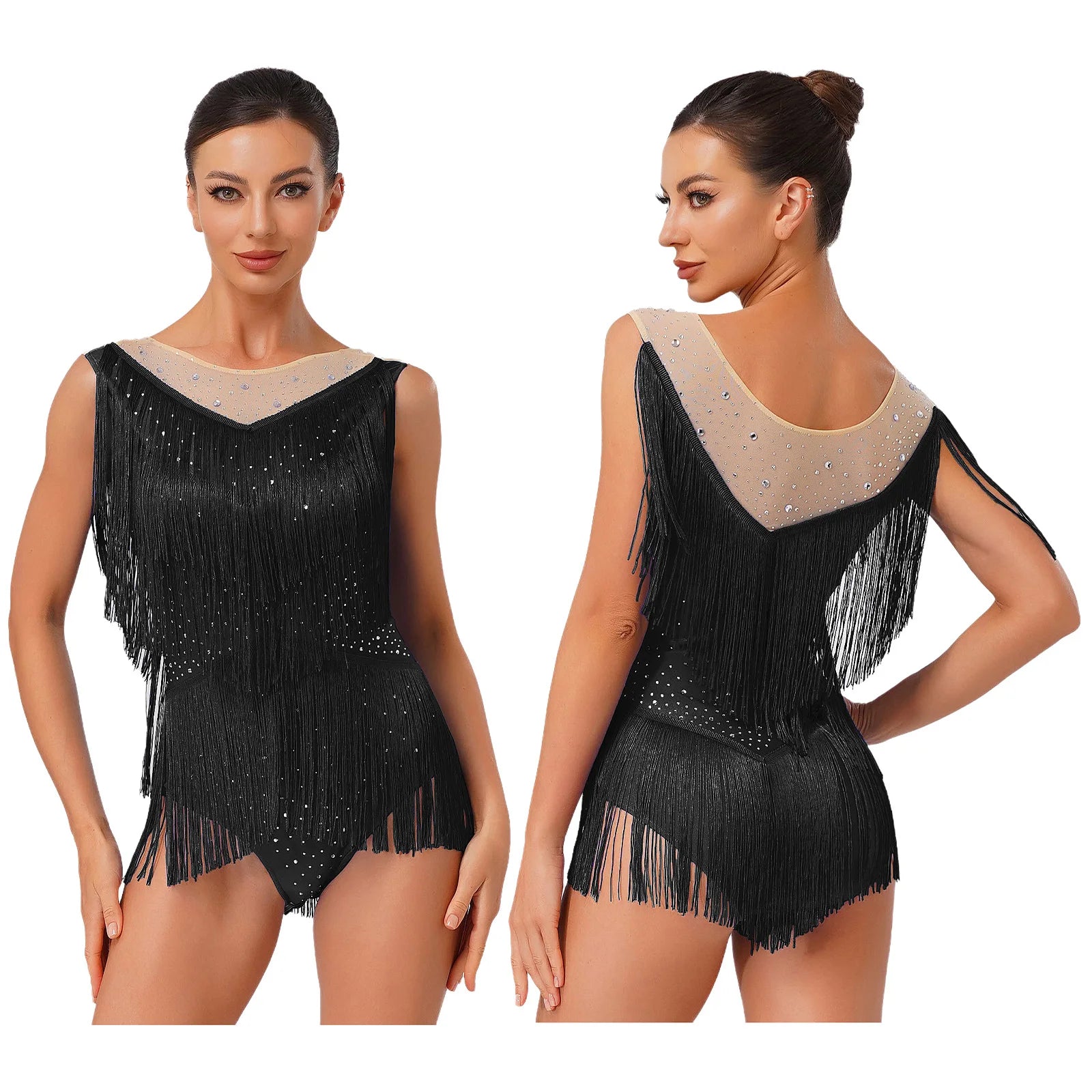 Sparkly Rhinestone & Tassel Fringe Latin Dance Leotard Crew Neck Bodysuit