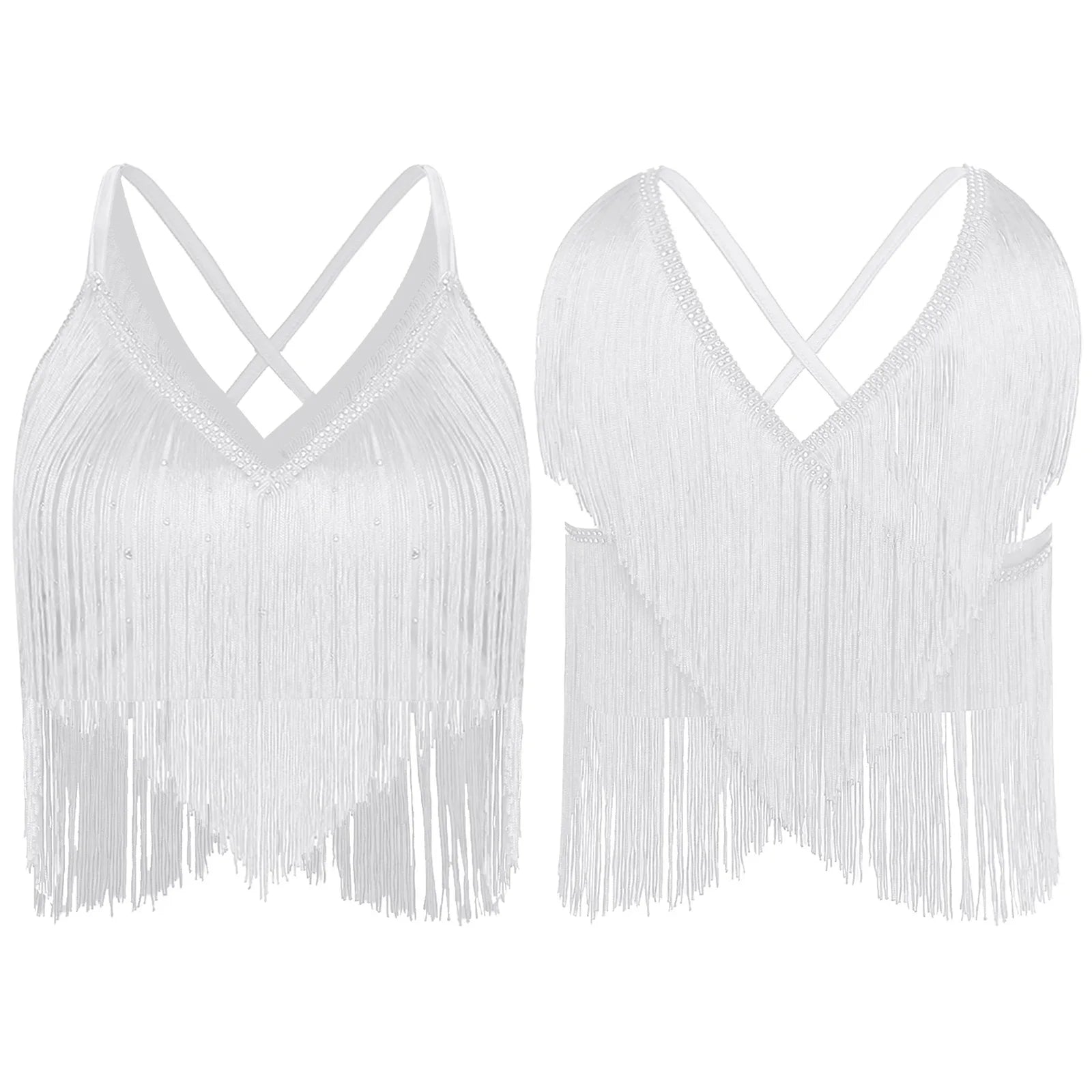 V-Neck Crisscross Back Tassel Fringe Crop Top Latin Salsa Dance Costume