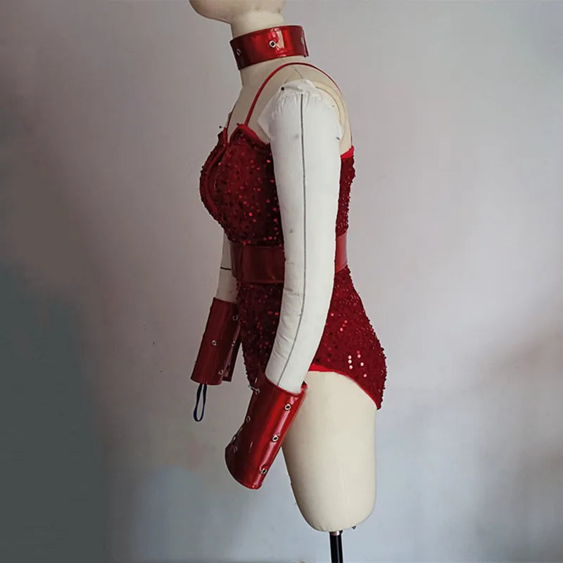 Red Sequins Bodysuit Leather Cuff Set