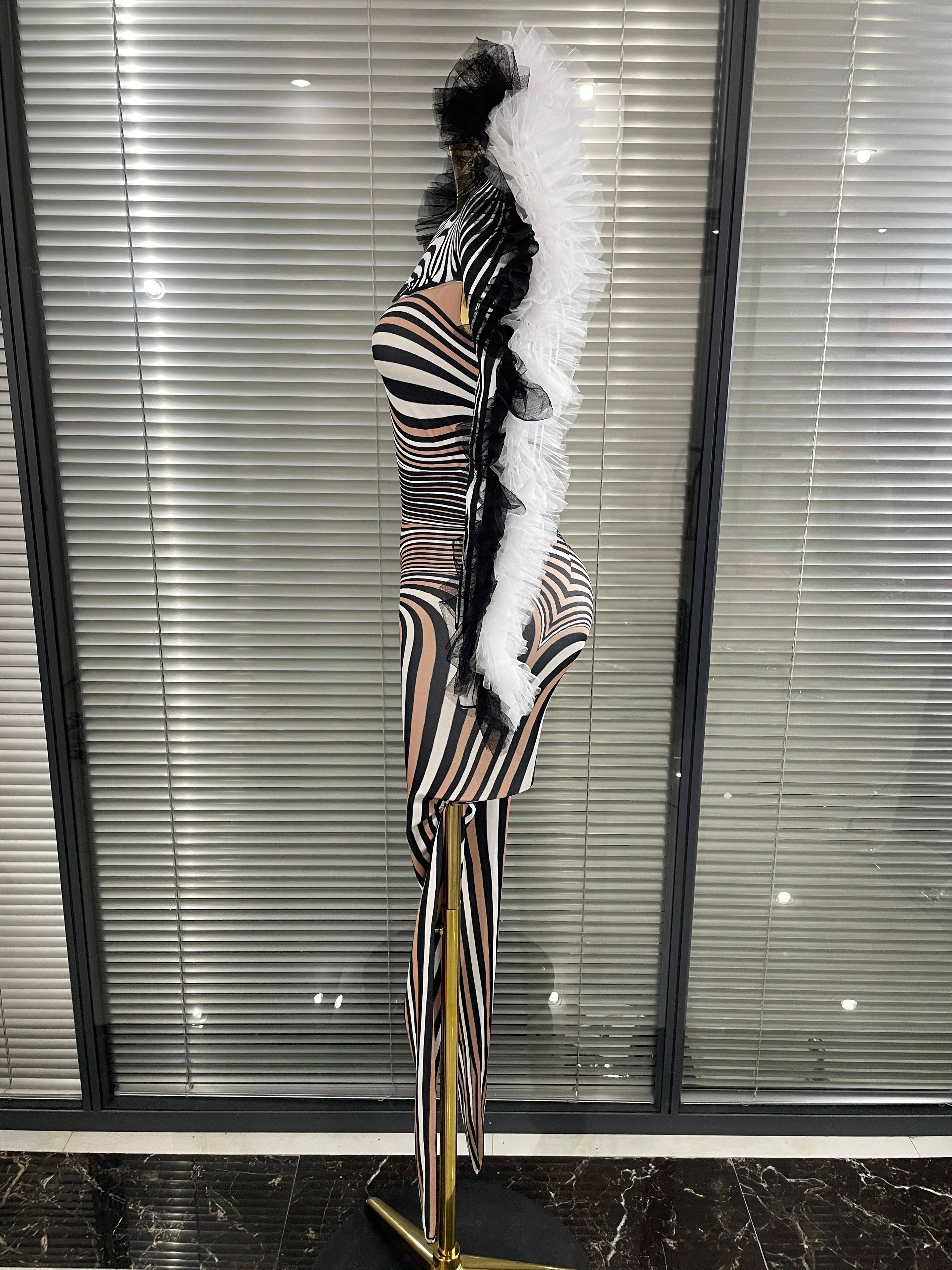 Zebra Print Illusion Catsuit & Feather Wing Bolero Jacket 2-Piece Stage Costume Set