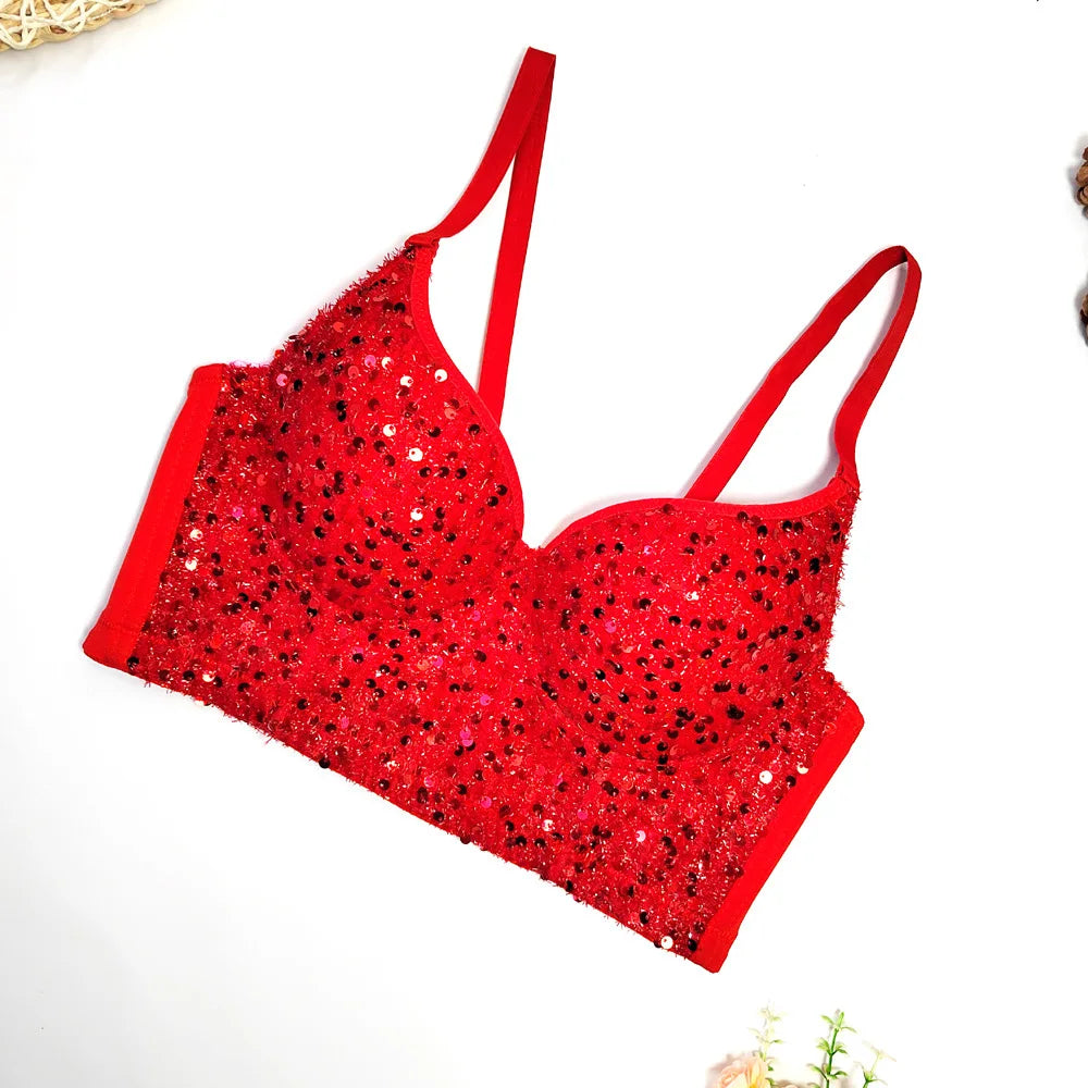 Sequined Glitter Bustier Crop Top & Beaded Stage Camisole