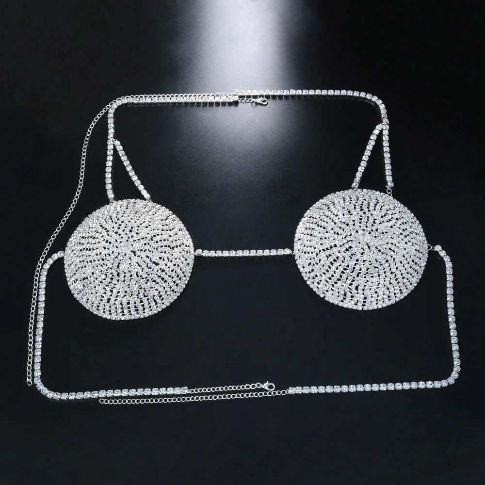 Dazzling Round Rhinestone Chest Chain & Statement Bra Body Jewelry