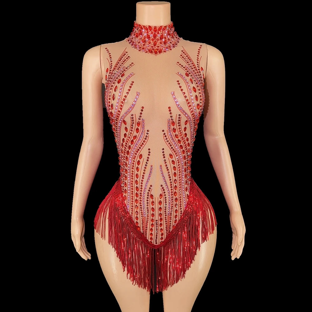 Sparkly Rhinestone, Sequin & Fringe Sleeveless Bodysuit Stage Performance Costume